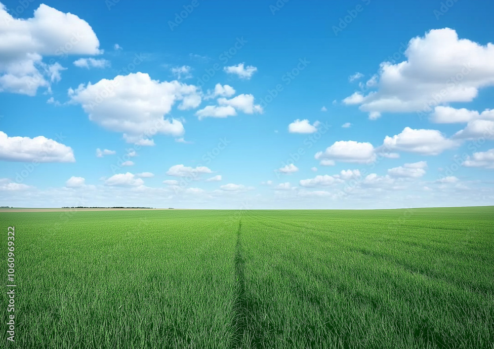 A large grassland with a blue sky and white clouds in the background. A flat green field with sparse plants at ground level with distant view. A horizontal composition, bright colors, natural light. A large grassland with a blue sky and white clouds in the background. A flat green field with sparse plants at ground level with distant view. A horizontal composition, bright colors, natural light.