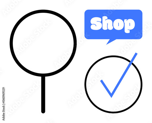 A magnifying glass and a shopping sign with a checkmark. Ideal for online shopping, e-commerce, retail, consumer behavior, marketing promotions. Simple and modern style