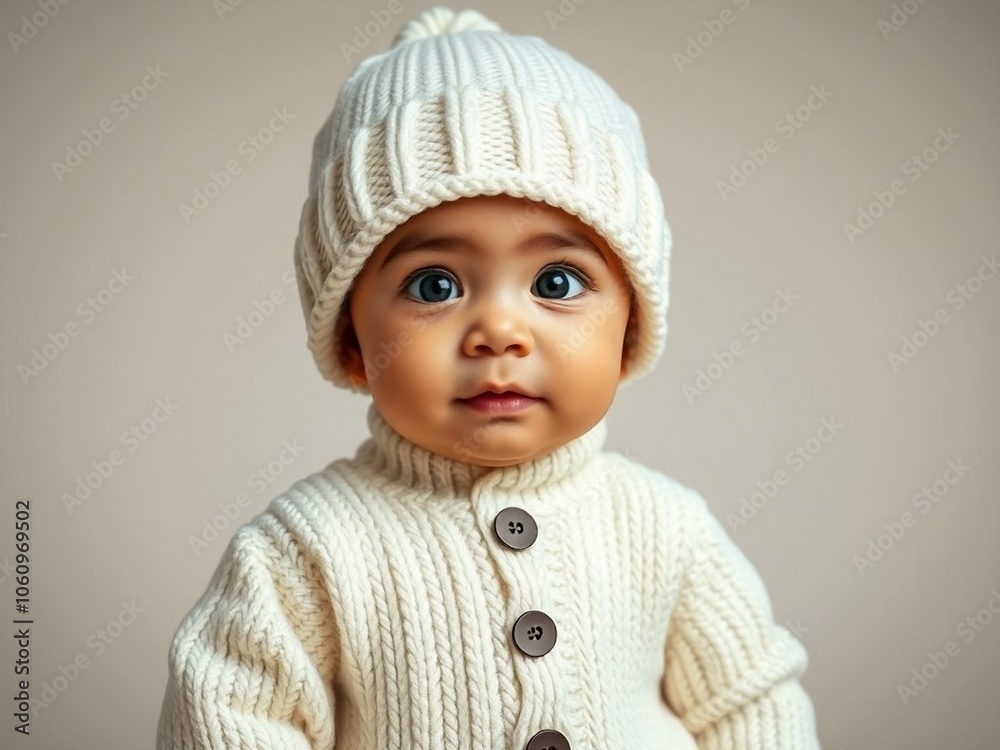 Stunning high resolution photos of a Latin American toddler in a knitted suit and hat in a bright matchstick color in the studio Stunning high resolution photos of a Latin American toddler in a knitted suit and hat in a bright matchstick color in the studio