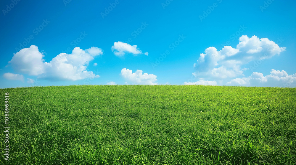 A large grassland with a blue sky and white clouds in the background. A flat green field with sparse plants at ground level with distant view. A horizontal composition, bright colors, natural light. A large grassland with a blue sky and white clouds in the background. A flat green field with sparse plants at ground level with distant view. A horizontal composition, bright colors, natural light.