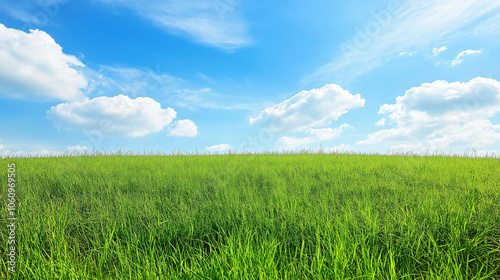 A large grassland with a blue sky and white clouds in the background. A flat green field with sparse plants at ground level with distant view. A horizontal composition, bright colors, natural light. 