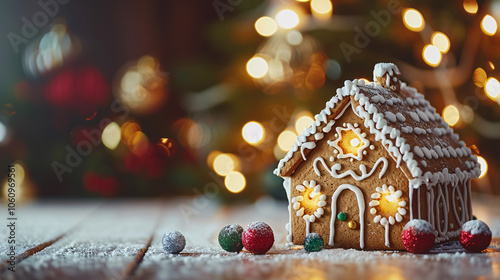 Gingerbread House with Christmas Lights: A gingerbread house set against the backdrop of a Christmas tree decorated with soft, defocused lights, evoking a festive holiday  photo