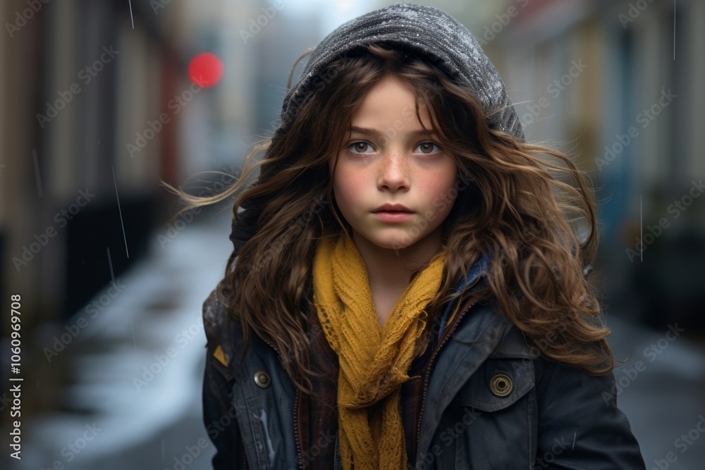 Portrait of a little girl on the street in the rain.