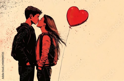 full length, teenagers boy and girl kissing. against the background of a red heart-shaped balloon. concept of first teenage love, date, first kiss, valentine's day. generation ai. cartoon ink and penc photo