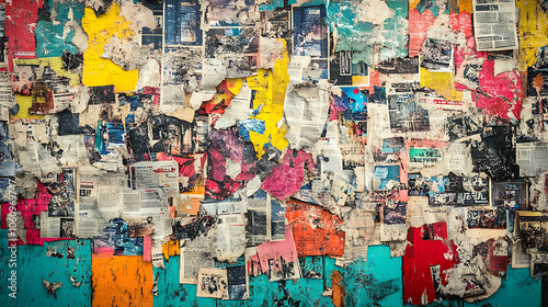 Grungy abstract backdrop featuring a vibrant collage of torn newspaper and magazine clippings, embellished with colorful graffiti elements, Edgy and dynamic urban texture