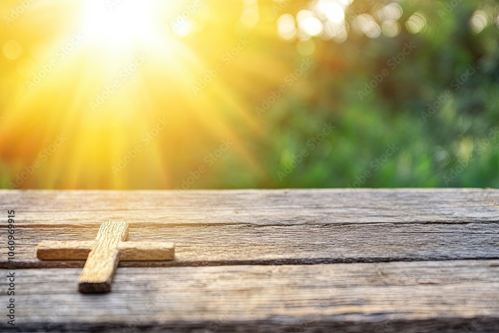 A Rustic Wooden Table Holds a Cross, Basking in the Warm Glow of Sunlight on World Religion Day A Rustic Wooden Table Holds a Cross, Basking in the Warm Glow of Sunlight on World Religion Day