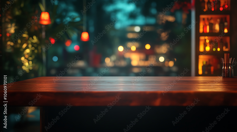 A nighttime bar and restaurant with an empty wooden table platform and a blurred background bokeh, Suitable for product montage or display, Mock up for space A nighttime bar and restaurant with an empty wooden table platform and a blurred background bokeh, Suitable for product montage or display, Mock up for space