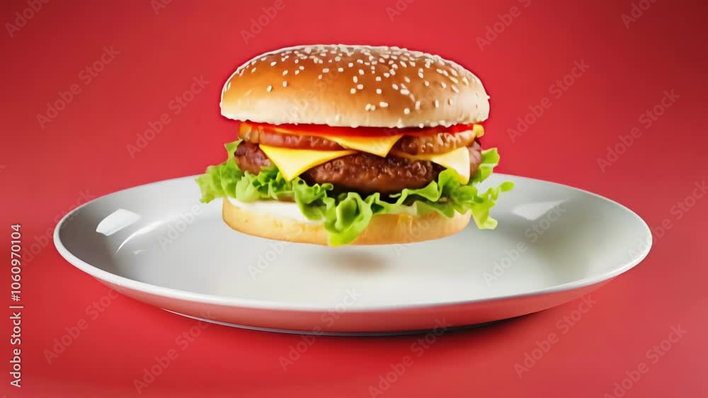 A white plate sits on a red background. The plate is a simple white plate with no decoration