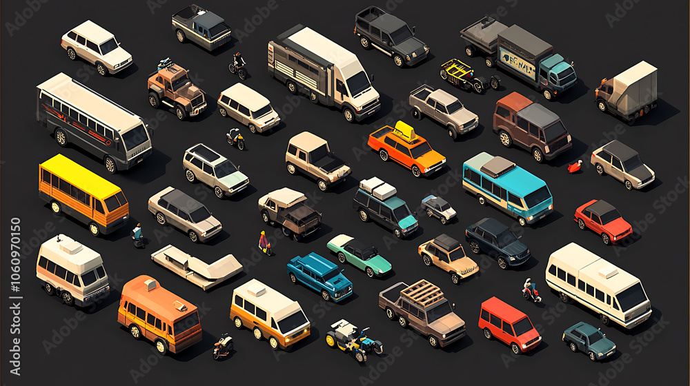 Naklejka premium High, quality flat 3D isometric icon set featuring various city transport vehicles, including buses, sedans, vans, cargo trucks, bikes, and sport cars, catering to urban public
