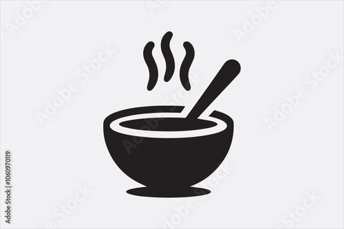 Black silhouette of a bowl of hot soup with a spoon