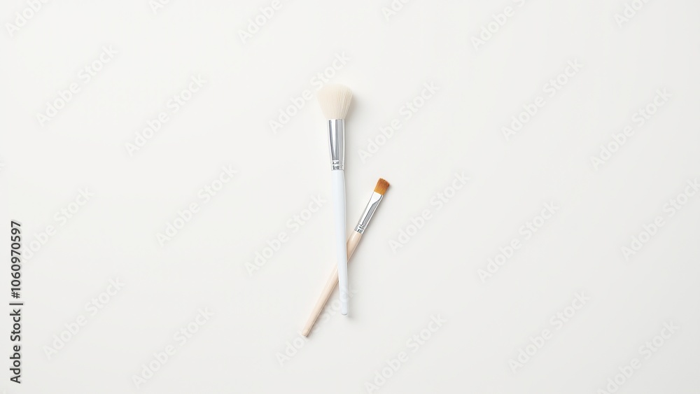 Minimalist makeup brush with a smooth beige handle and fluffy bristles, symbolizing elegance and simplicity. Everyday things for personal grooming. Minimalist makeup brush with a smooth beige handle and fluffy bristles, symbolizing elegance and simplicity. Everyday things for personal grooming.