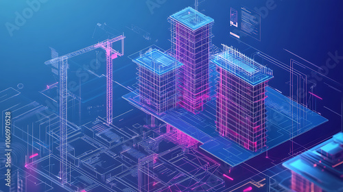 Fototapeta Naklejka Na Ścianę i Meble -  digital construction building information modeling bim concept with 3d model and blueprints vector illustration