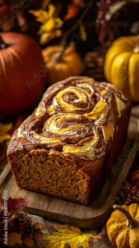 Freshly Baked Thanksgiving Pumpkin Bread with Cream Cheese and Autumn Accents 