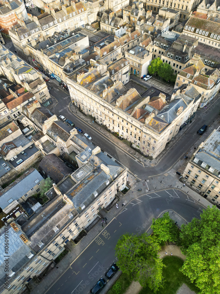 Fototapeta premium High Angle View of Historical Bath City of England United Kingdom During Mostly Cloudy Day of May 26th, 2024, Aerial Footage Was Captured with Drone's Camera During Bright Sunny Day