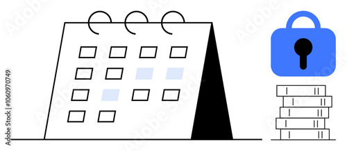 A calendar is shown next to a blue lock icon and a stack of books. Ideal for time management, cybersecurity, education, organization, and data protection themes. Simple, modern, minimalist style