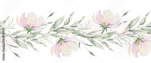 Pink wildflowers and leaves. Isolated hand drawn watercolor seamless border of Cosmea flowers. Summer floral banner for wedding invitations, cards, packaging of goods