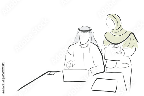 Hand drawn line art vector of a Saudi businessman brainstorming with team.