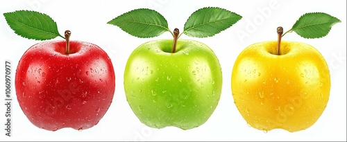 Different types of apples with leaf and water drops isolated on white background, hight detailed upscaled image