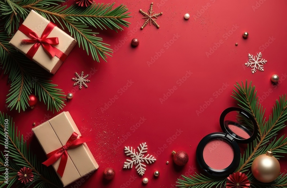 Makeup brushes, blush, gifts, Christmas tree branches, confetti on a red background for Christmas or New Year. Banner for congratulations to the makeup artist for the New Year, place for text Makeup brushes, blush, gifts, Christmas tree branches, confetti on a red background for Christmas or New Year. Banner for congratulations to the makeup artist for the New Year, place for text