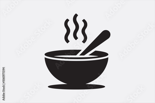 Black silhouette of a bowl of hot soup with a spoon