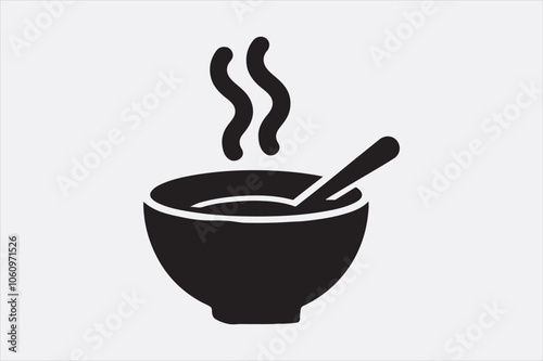 Black silhouette of a bowl of hot soup with a spoon