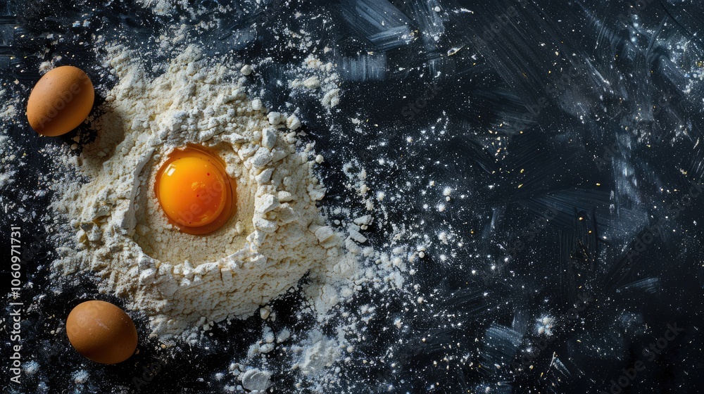 Flour and eggs on a black surface with space available. Flour and eggs on a black surface with space available.