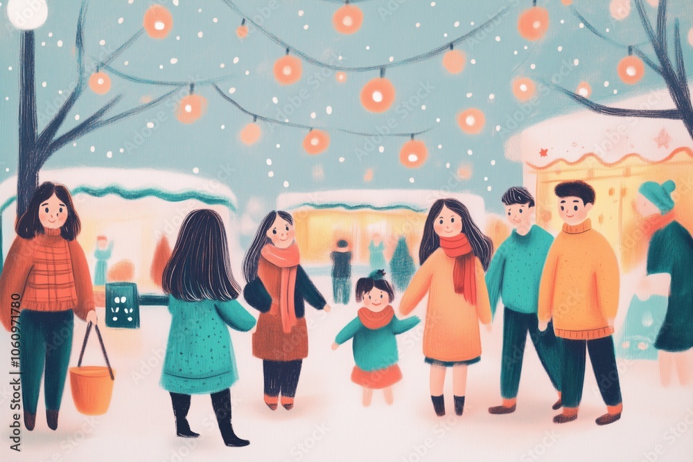 Fototapeta premium Ilustrações natalinas com personagens e decoração festiva, incluindo árvore de Natal e presentes, estilo infantil e colorido, criado por IA generativa.