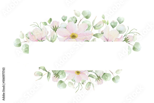 Pink flowers and eucalyptus leaves. Isolated hand drawn watercolor frame of cosmea flowers. Summer floral wreath of pink wildflowers for wedding invitations, cards, packaging of goods