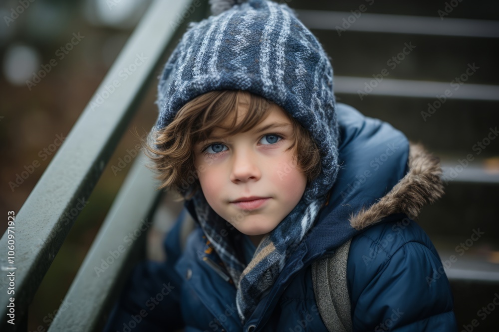 Portrait of a cute little boy in a blue jacket and hat Portrait of a cute little boy in a blue jacket and hat