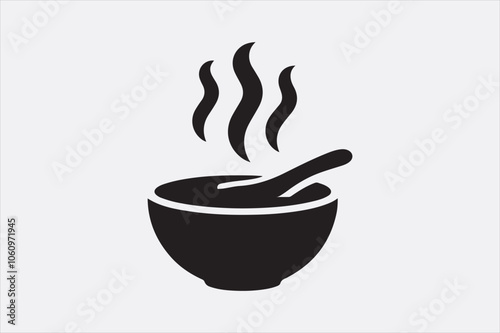 Black silhouette of a bowl of hot soup with a spoon