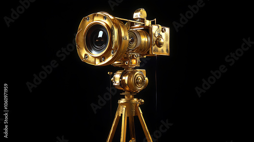 gold movie camera, strobe lighting, over head lighting, spot light, black background photo