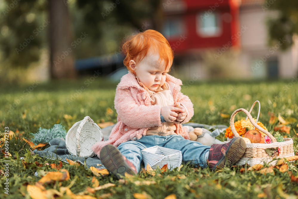 Baby ginger, redhead girl sitting outdoors in the park, playing Baby ginger, redhead girl sitting outdoors in the park, playing