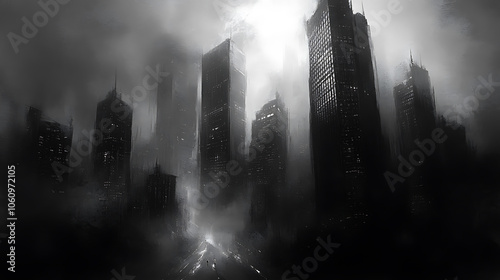 gritty noir cityscape with towering skyscrapers and shadowy street misty cold sin city charcoal digital painting photo