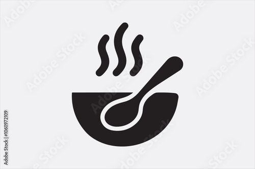 Black silhouette of a bowl of hot soup with a spoon