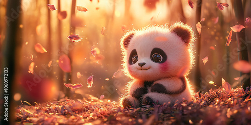 A small panda with peach-colored fur, huge twinkling eyes