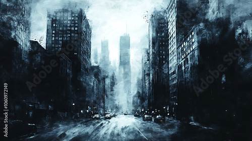 gritty noir cityscape with towering skyscrapers and shadowy street misty cold sin city charcoal digital painting