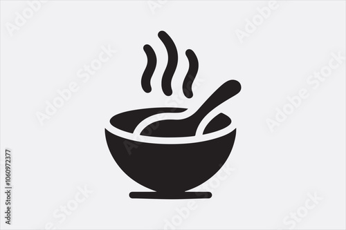 Black silhouette of a bowl of hot soup with a spoon.