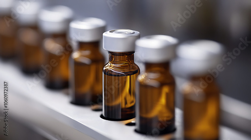 Close, up view of vials on a pharmaceutical production line