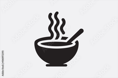 Black silhouette of a bowl of hot soup with a spoon.