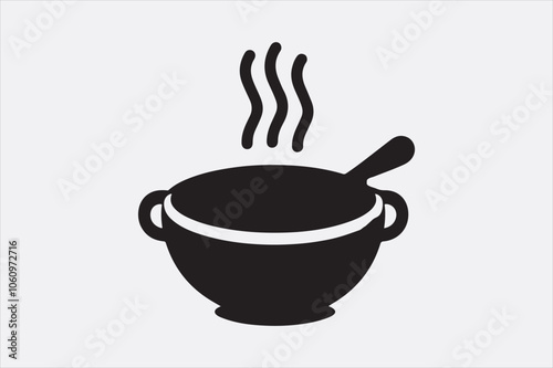 Black silhouette of a bowl of hot soup with a spoon.