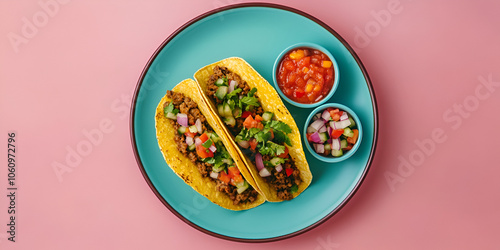 Tacos with Salsa and Sour Cream on a Pink Background