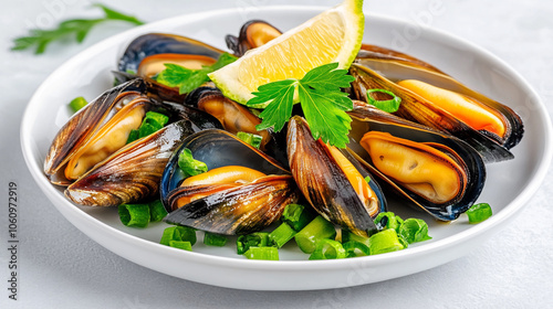 Steamed mussels with parsley in a ceramic bowl on a white background.