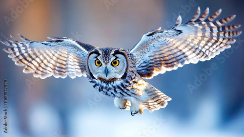 The majestic owl flies with its wings spread wide and its gaze keen, displaying its grace and beauty.