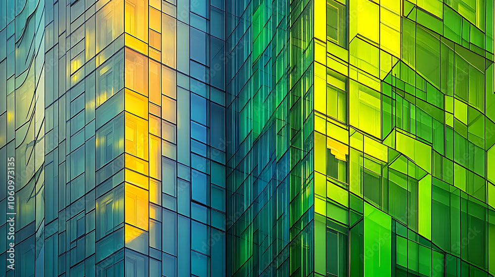 Modern glass skyscrapers in downtown San Francisco, close up, golden hour, green and blue tones, architectural photography Modern glass skyscrapers in downtown San Francisco, close up, golden hour, green and blue tones, architectural photography