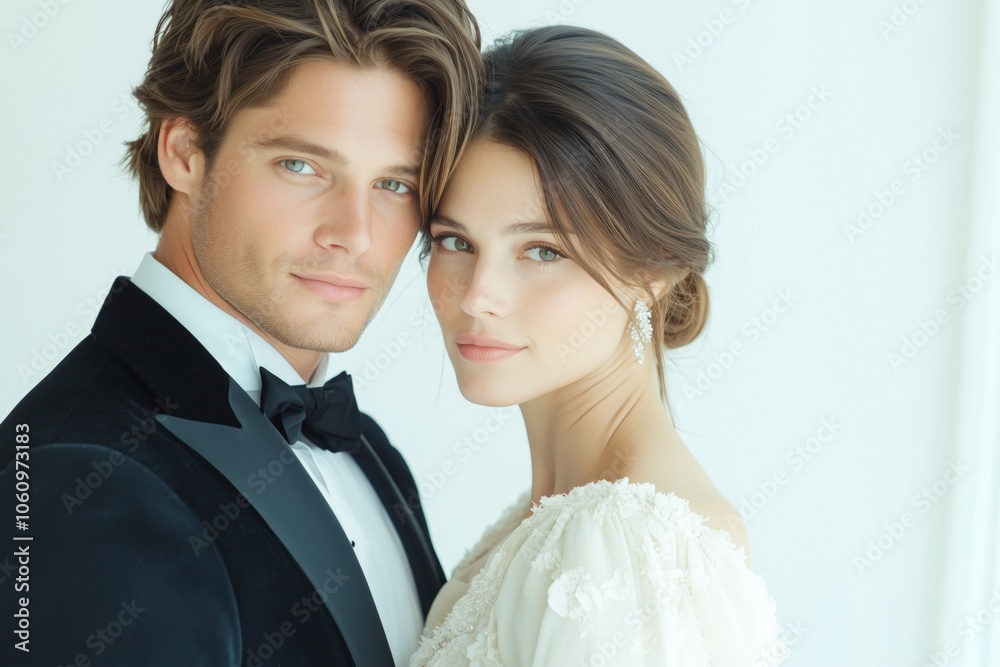 A couple in elegant attire embracing in a luxurious ballroom filled with soft daylight A couple in elegant attire embracing in a luxurious ballroom filled with soft daylight