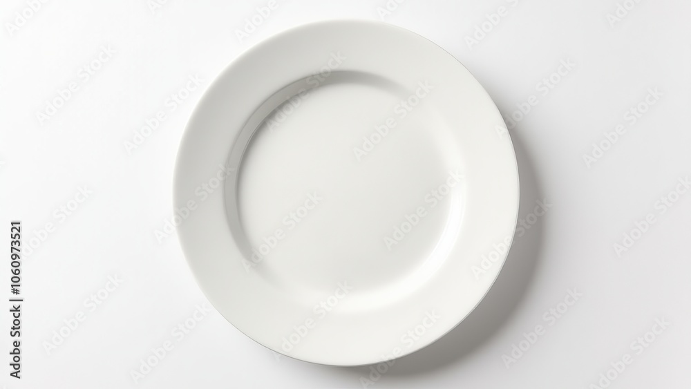 Simple white ceramic plate on a clean white background, representing minimalism and elegance. Everyday things for dining. Simple white ceramic plate on a clean white background, representing minimalism and elegance. Everyday things for dining.