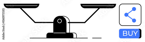 Balance scales, sharing icon, and BUY button. Ideal for e-commerce, digital balance, market strategies, online shopping, user engagement, digital transactions, web marketing. Line metaphor