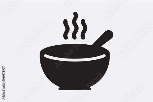 Black silhouette of a bowl of hot soup with a spoon.