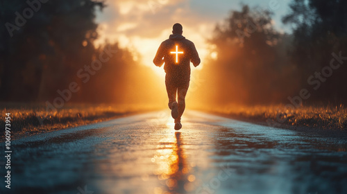 An inspirational image of a person running, a glowing cross at the line, symbolizing living with focus on Jesus and the eternal goal.