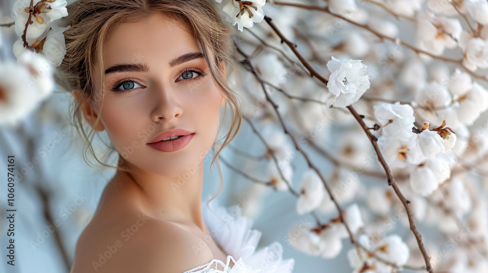 Cotton Costume for Meeting: Glamorous fashion woman in a cotton costume, ideal for meetings or casual wear. Styled with natural makeup, elegant jewelry